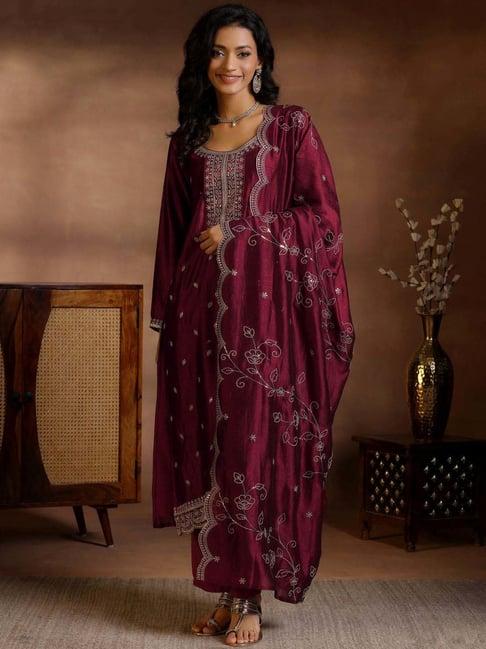 libas maroon embroidered kurta & pant set with dupatta