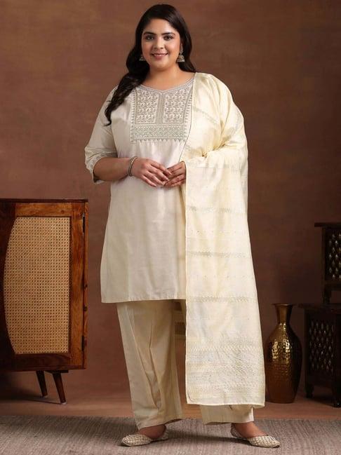 extra love by libas cream embroidered kurta & pant set with dupatta