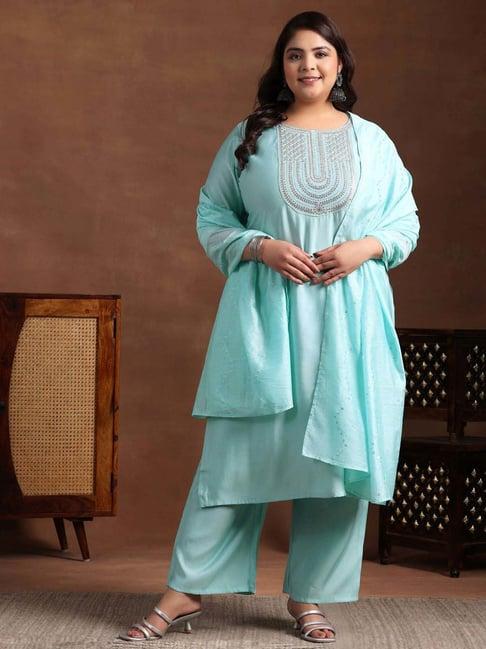 extra love by libas blue embroidered kurta & palazzo set with dupatta