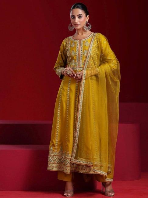 libas art mustard embroidered kurta pant set with dupatta