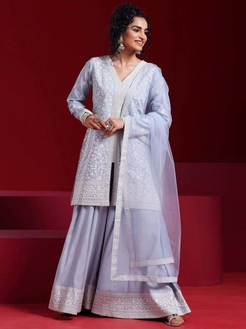 libas art grey embroidered kurti palazzo set with dupatta