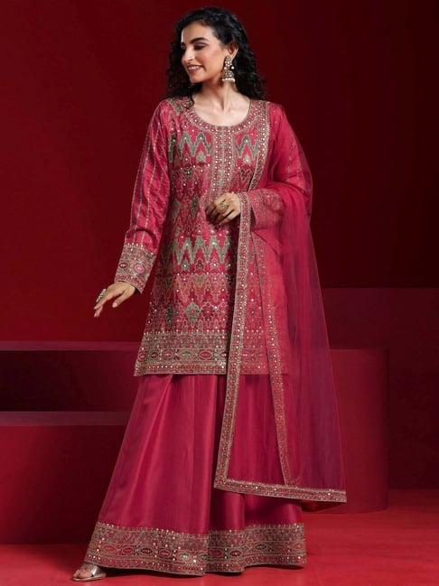 libas art pink embroidered kurti palazzo set with dupatta