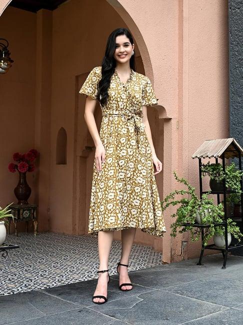 deckedup mustard & white cotton printed wrap dress