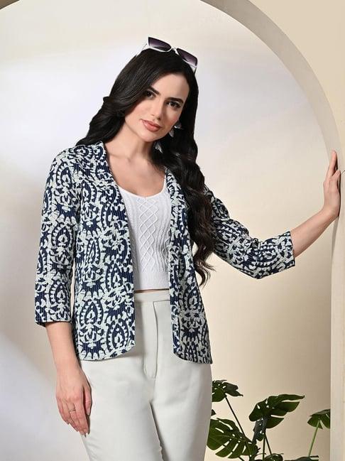 deckedup navy & white cotton printed shrug