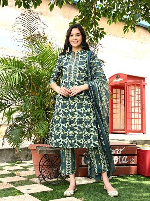 deckedup green printed kurta with pants & dupatta