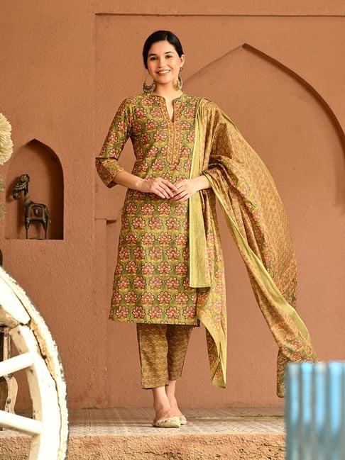 deckedup multicolor floral print kurta with pants & dupatta