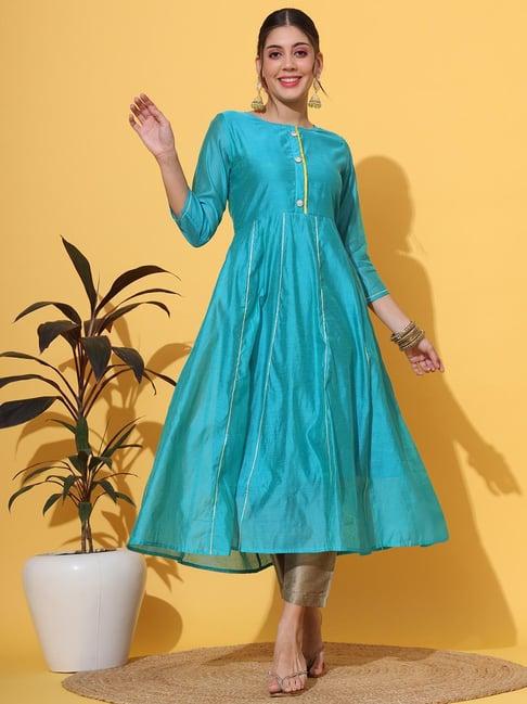 deckedup turquoise regular fit kurta with pants