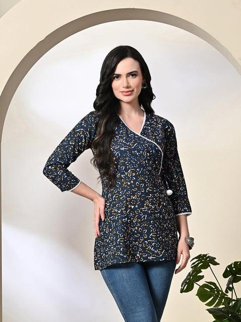 deckedup blue & black cotton printed tunic