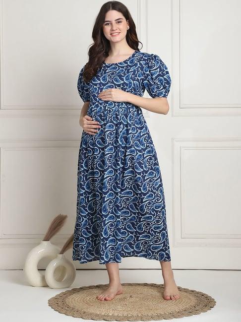 secret wish navy printed maternity night dress