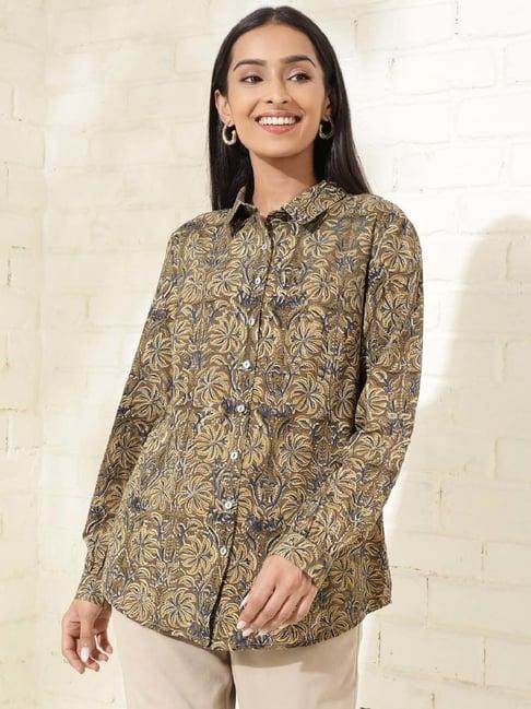 fabindia brown cotton printed shirt