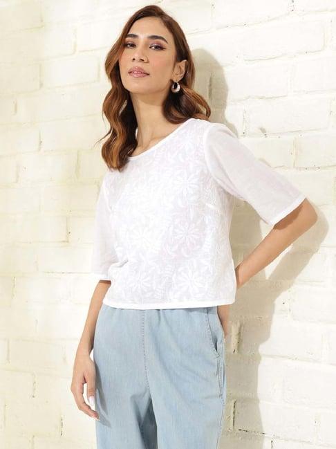 fabindia white cotton embroidered top