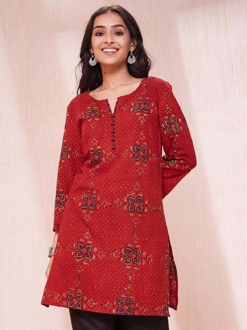 fabindia maroon cotton printed straight kurti