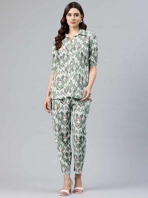 one femme green print shirt with pants