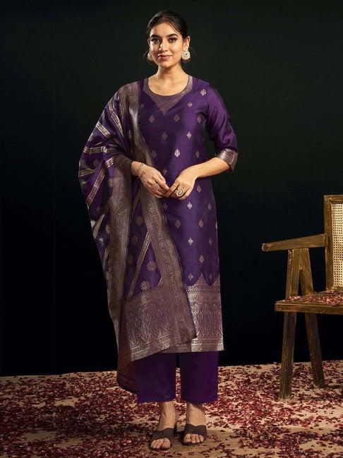 skylee purple woven pattern kurta pant set with dupatta