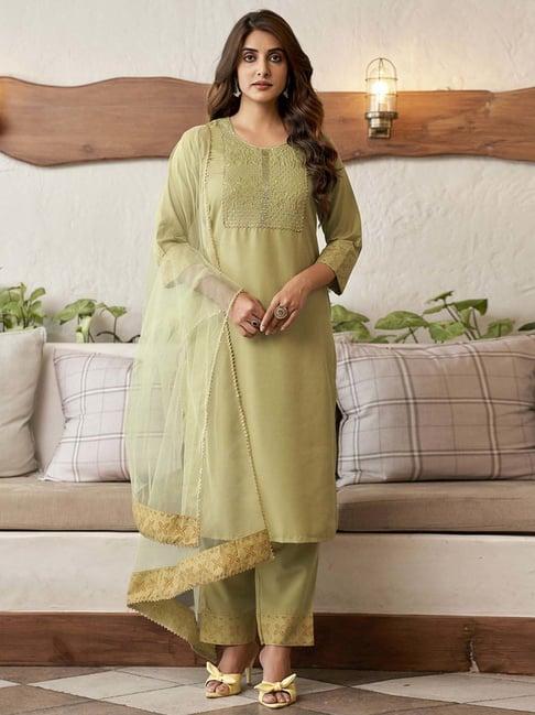 skylee khaki cotton embroidered kurta pant set with dupatta