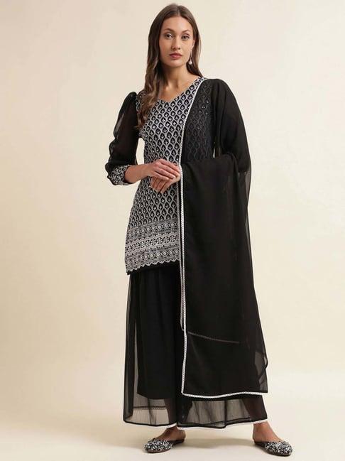 skylee black embroidered kurti palazzo set with dupatta