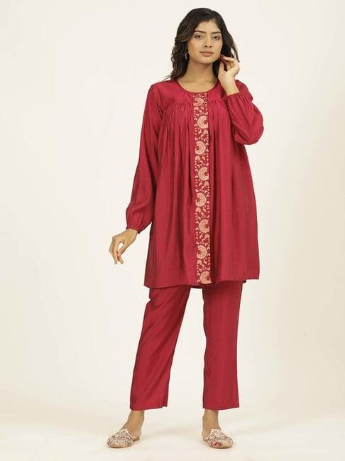 jaipur kurti maroon embroidered kurti & pant set