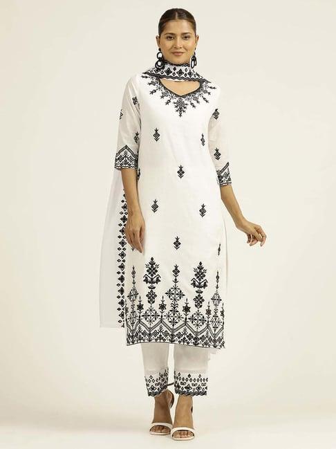 jaipur kurti white cotton embroidered kurta & pant set with dupatta