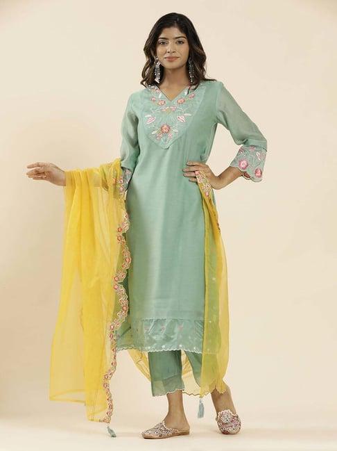 jaipur kurti sea green embroidered kurta & pant set with dupatta