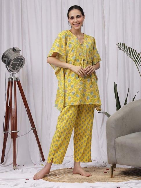 neudis yellow printed kaftan pyjamas set