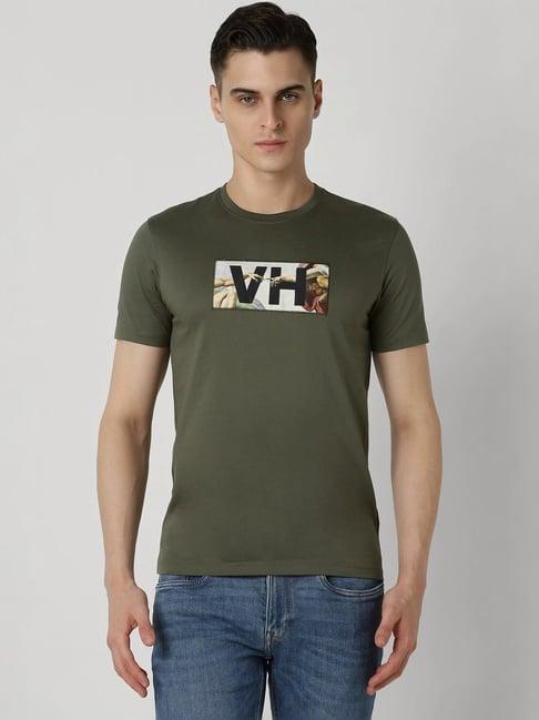 van heusen green cotton slim fit printed t-shirt