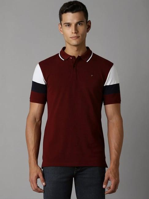 louis philippe maroon cotton slim fit printed polo t-shirt