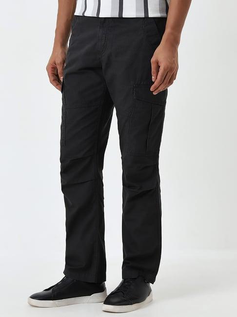 wes casuals by westside black relaxed-fit mid-rise cotton trousers