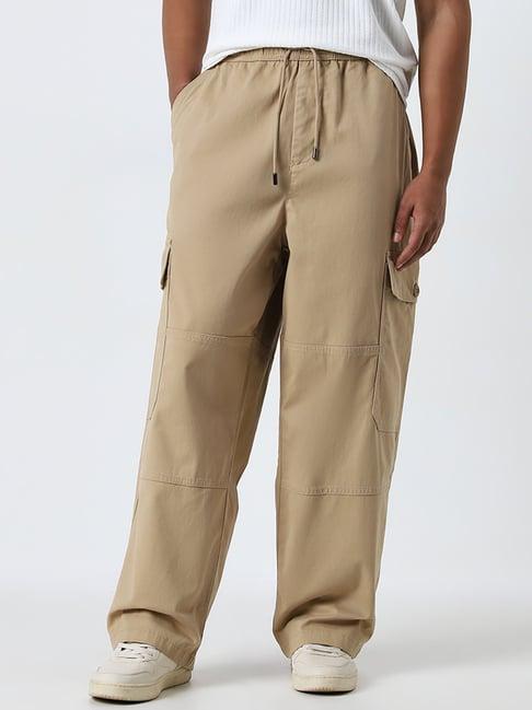 nuon by westside beige relaxed-fit mid-rise cotton blend chinos