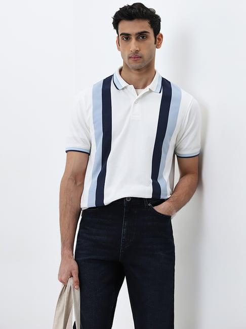 wes casuals by westside blue striped relaxed-fit polo t-shirt