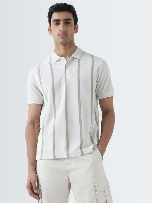 wes casuals by westside beige stripe printed relaxed-fit polo t-shirt