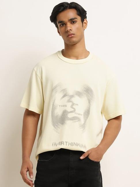 nuon by westside light yellow text print relaxed-fit cotton t-shirt