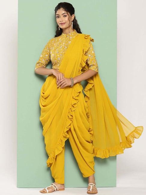 libas mustard embroidered dhoti saree with stitched blouse