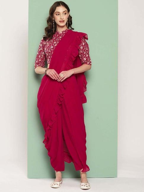 libas pink embroidered dhoti saree with stitched blouse