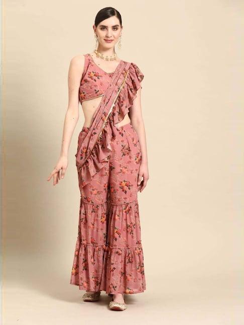 libas pink printed palazzo saree with stitched blouse