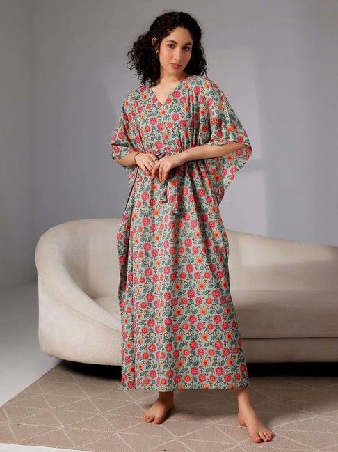 libas green cotton printed kaftan