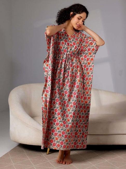 libas beige cotton printed kaftan