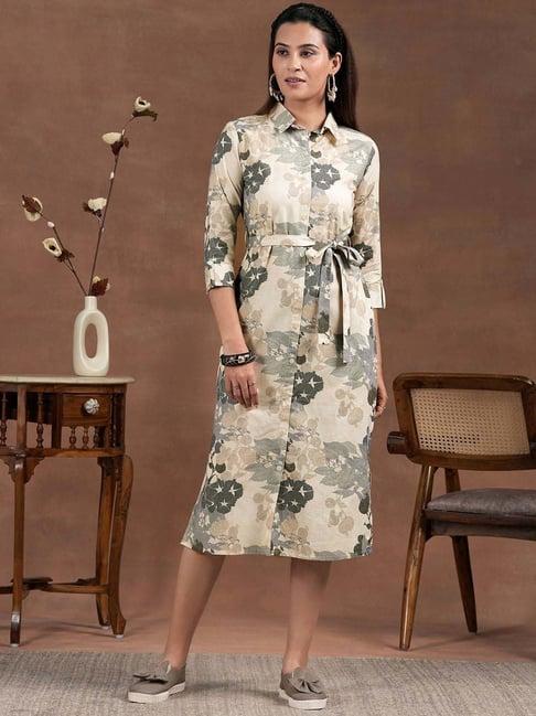 libas cream linen printed shirt dress