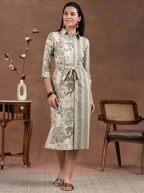 libas cream linen printed shirt dress