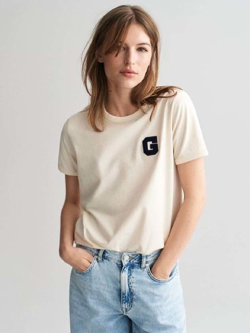 gant cream cotton logo patch work t-shirt