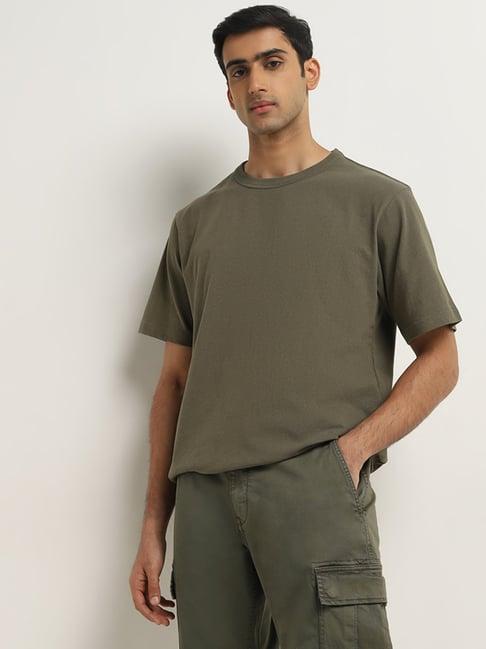 wes casuals by westside olive solid relaxed-fit cotton t-shirt