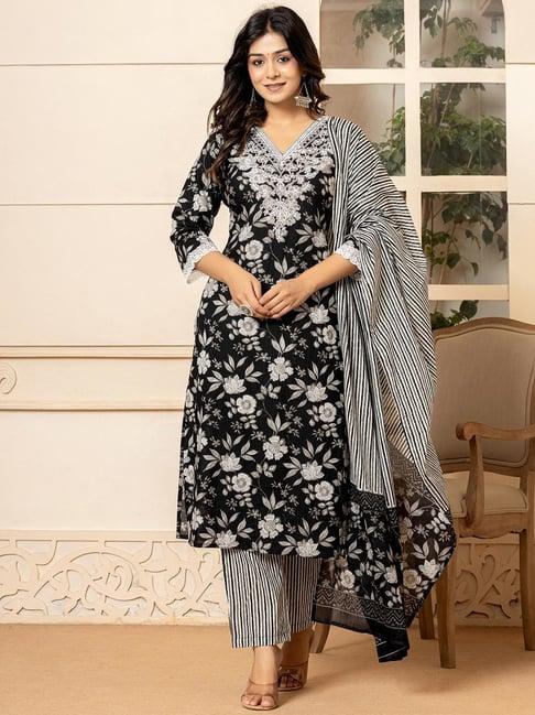 yufta black cotton embroidered kurta & pant set with dupatta