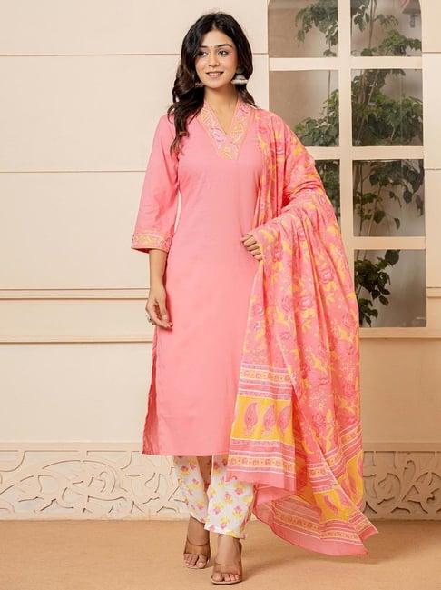 yufta pink & white cotton embroidered kurta & pant set with dupatta