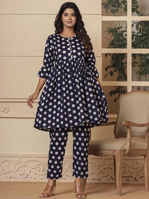 yufta navy cotton polka dots kurti & pant set