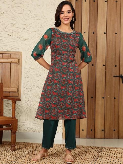 w green printed a line kurta