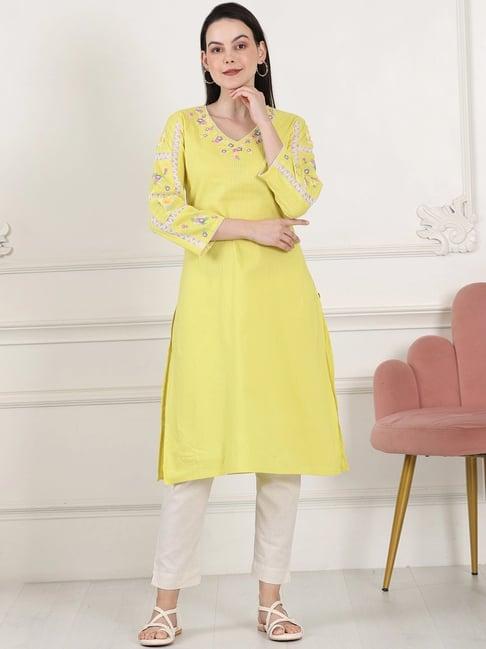 w yellow cotton embroidered straight kurta