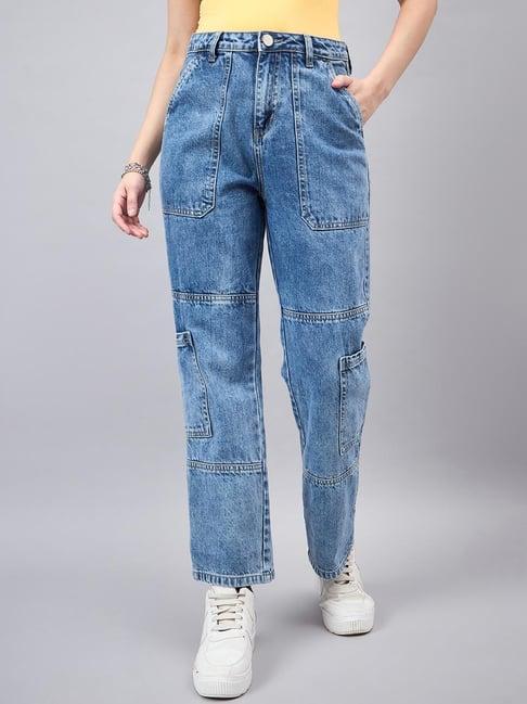 style quotient blue cotton regular fit cargo jeans