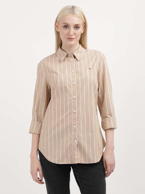 tommy hilfiger beige cotton striped shirt