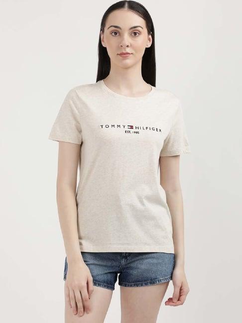 tommy hilfiger beige cotton logo print t-shirt