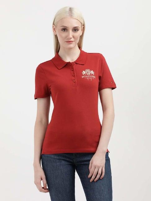 tommy hilfiger red cotton embroidered polo t-shirt