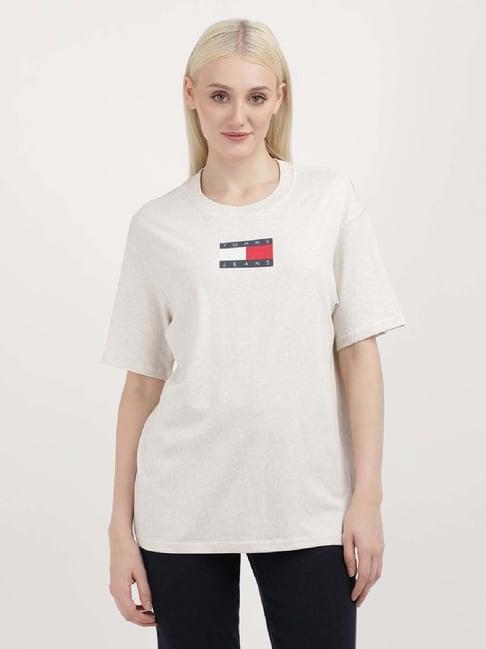 tommy hilfiger off white cotton logo print t-shirt